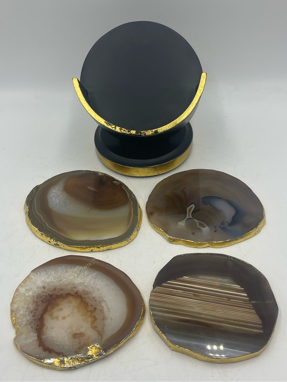 Natural Polished Agate Slice Coasters w/ Gold Electroplating Trim & Caddy Holder